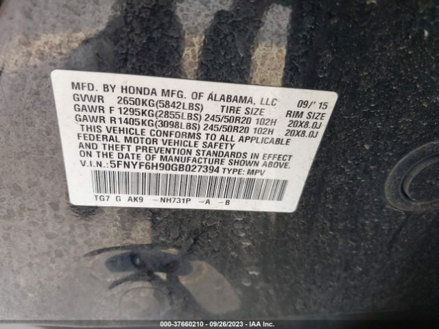 5FNYF6H90GB027394 Honda Pilot Touring