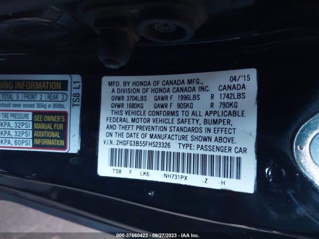 2015 HONDA CIVIC COUPE LX VIN: 2HGFG3B55FH523326