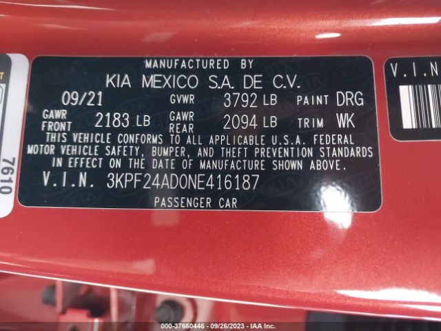 3KPF24AD0NE416187 KIA Forte Lxs