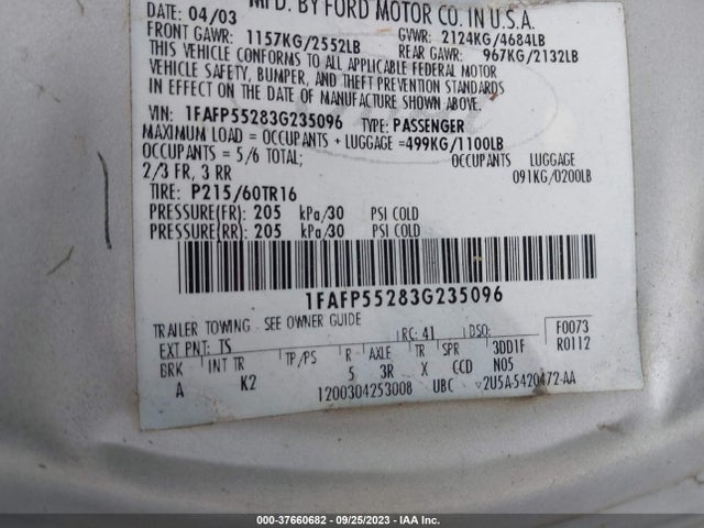2003 FORD TAURUS 1FAFP55283G235096 Photo 8