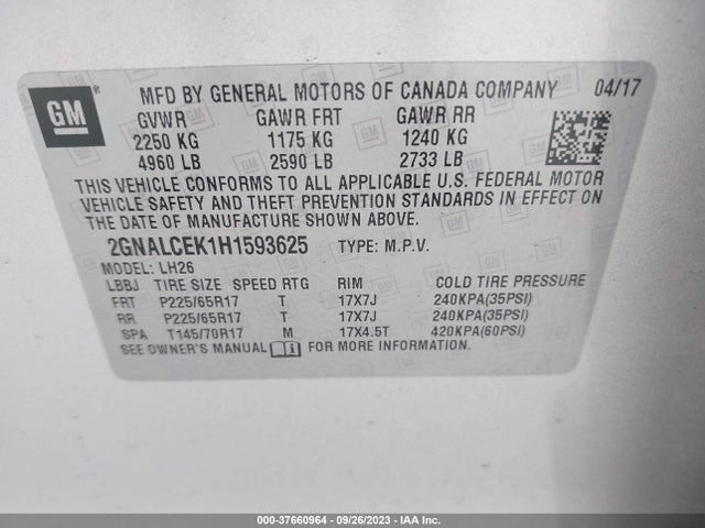 Chevrolet EQUINOX LT 2017 2GNALCEK1H1593625 Image 9