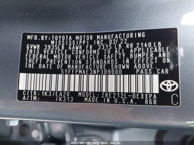 2022 TOYOTA COROLLA XLE VIN: 5YFFPMAE3NP309000