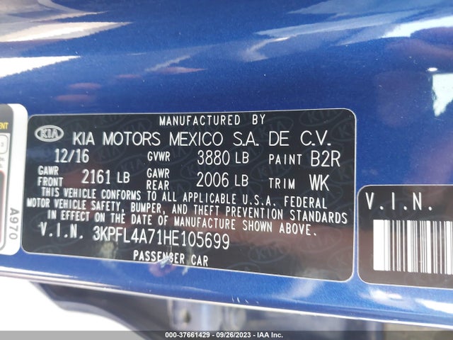 2017 KIA FORTE S VIN: 3KPFL4A71HE105699