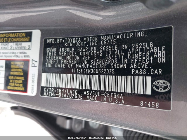 2016 TOYOTA CAMRY XLE/SE/LE/XSE VIN: 4T1BF1FK3GU522075