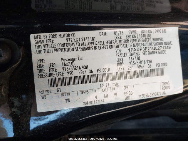 2016 FORD FOCUS SE VIN: 1FADP3F21GL271249