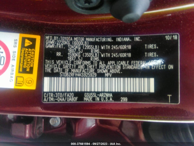 Toyota Highlander Le 2019 5TDBZRFH4KS925929 Image 9