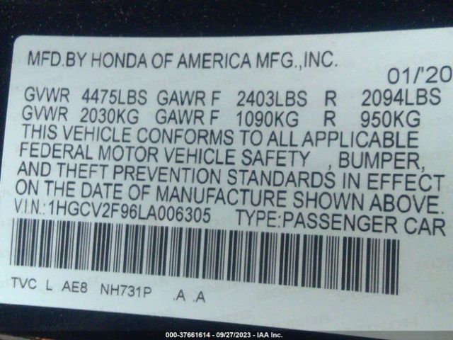 1HGCV2F96LA006305 Honda Accord Sedan Touring
