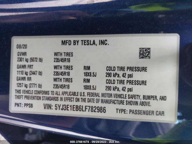 Tesla Model 3 Long Range 2020 5YJ3E1EB6LF782986 Image 9