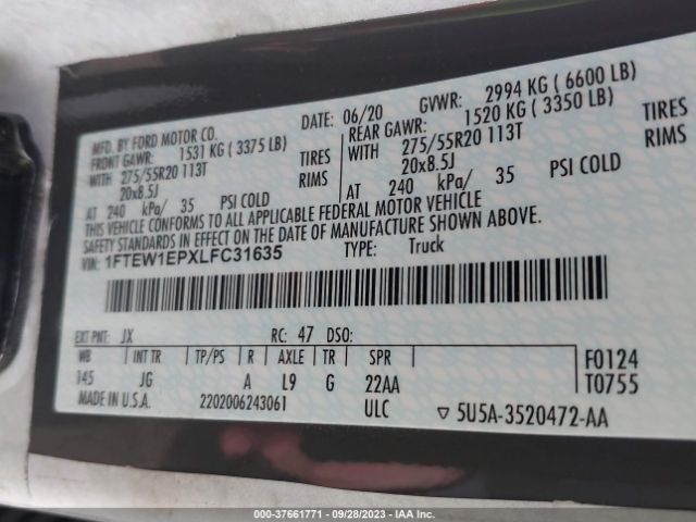 1FTEW1EPXLFC31635 Ford F-150 Xl/xlt/lariat