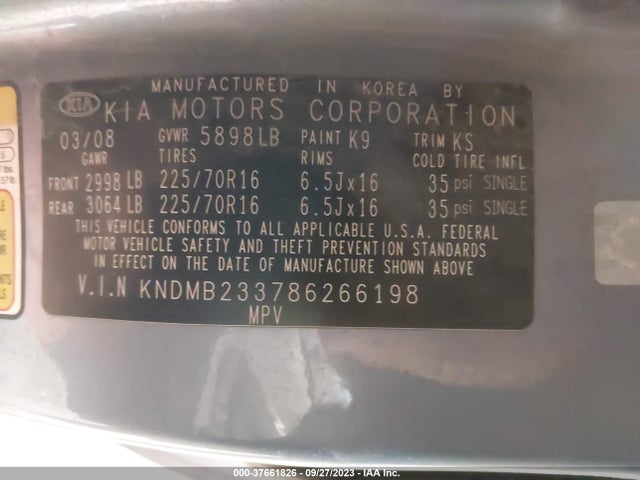 2008 KIA SEDONA LX VIN: KNDMB233786266198