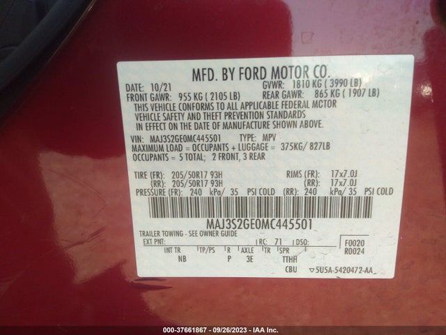 2021 FORD ECOSPORT SE VIN: MAJ3S2GE0MC445501