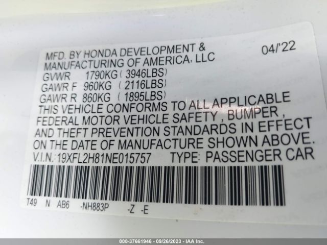 19XFL2H81NE015757 Honda Civic Hatchback Sport