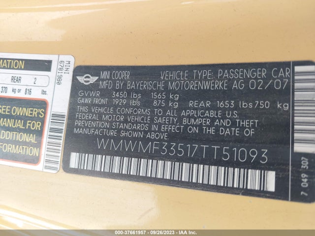2007 MINI COOPER HARDTOP WMWMF33517TT51093 Photo 8