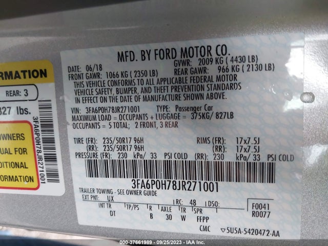 Ford FUSION SE 2018 3FA6P0H78JR271001 Image 9