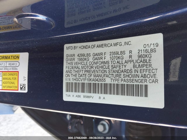 2019 HONDA ACCORD SEDAN LX 1.5T VIN: 1HGCV1F10KA042655
