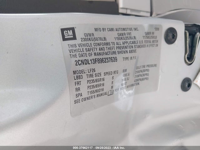 2009 CHEVROLET EQUINOX LS VIN: 2CNDL13F896237639