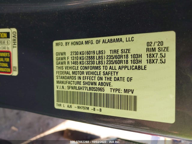 Honda Odyssey Ex-l 2020 5FNRL6H77LB053965 Image 9