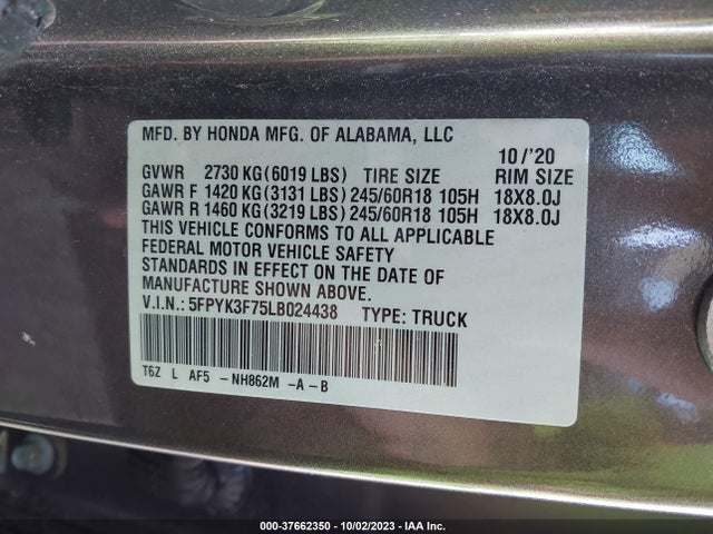 Honda Ridgeline Rtl-e 2020 5FPYK3F75LB024438 Image 9
