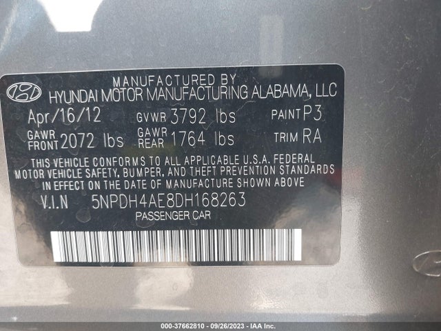 2013 HYUNDAI ELANTRA GLS VIN: 5NPDH4AE8DH168263