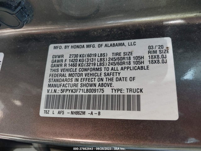 Honda Ridgeline Rtl-e 2020 5FPYK3F71LB009175 Image 9