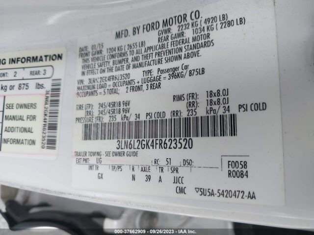 3LN6L2GK4FR623520 Lincoln MKZ