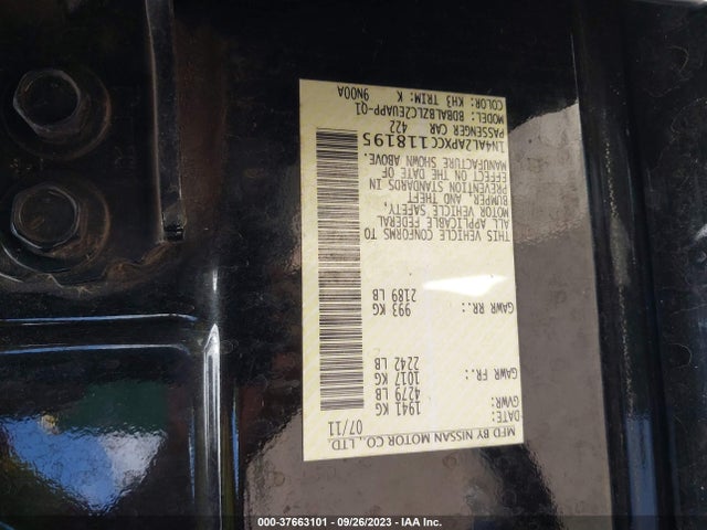 2012 NISSAN ALTIMA 2.5 S VIN: 1N4AL2APXCC118195