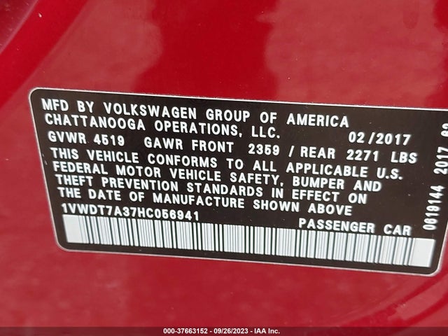 1VWDT7A37HC056941 Volkswagen Passat R-line W/comfort Pkg