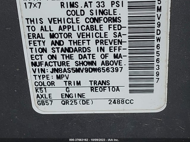 2013 NISSAN ROGUE SV VIN: JN8AS5MV9DW656397