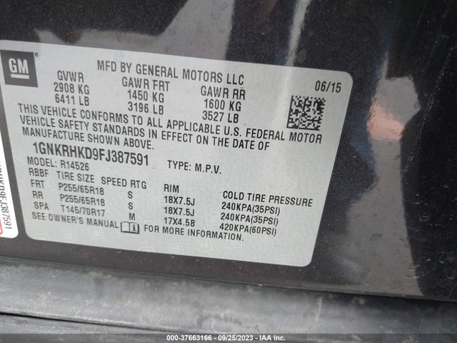 Chevrolet Traverse Lt 2015 1GNKRHKD9FJ387591 Image 9