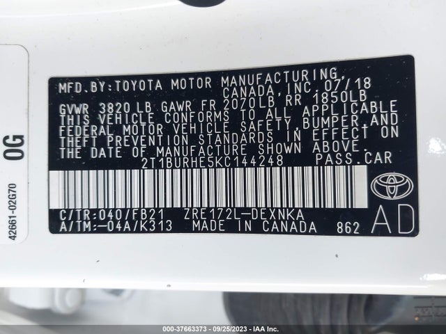 2019 TOYOTA COROLLA L/LE/SE/XLE/XSE VIN: 2T1BURHE5KC144248