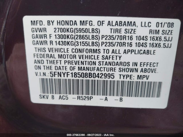 2008 HONDA PILOT EX-L VIN: 5FNYF18508B042995