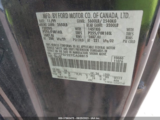2000 FORD F-150 XL/XLT VIN: 2FTZF0722YCA28819