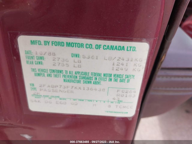 1989 FORD CROWN VICTORIA VIN: 2FABP73F7KX136438