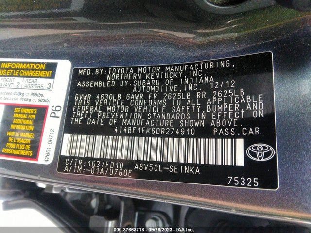 2013 TOYOTA CAMRY L/LE/SE/XLE VIN: 4T4BF1FK6DR274910