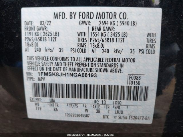 1FMSK8JH1NGA68193 Ford Explorer Timberline