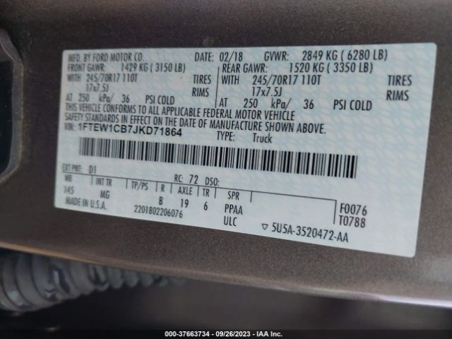 1FTEW1CB7JKD71864 Ford F-150 Xl/xlt