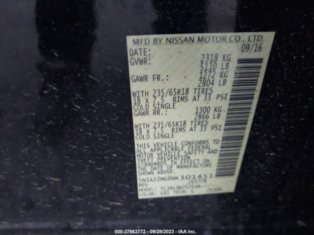 5N1AZ2MG0HN101451 Nissan Murano S/sv/sl/platinum