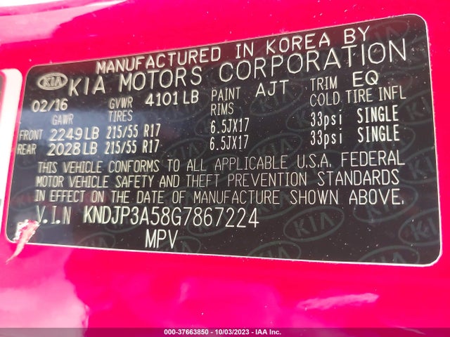 KIA SOUL + 2016 KNDJP3A58G7867224 Image 9