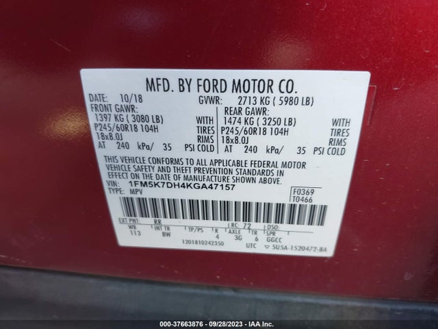 2019 FORD EXPLORER XLT VIN: 1FM5K7DH4KGA47157