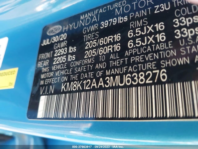 2021 HYUNDAI KONA SE VIN: KM8K12AA3MU638276