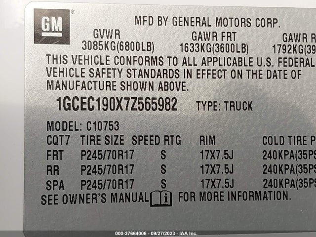 2007 CHEVROLET SILVERADO 1500 LT W/2LT VIN: 1GCEC190X7Z565982