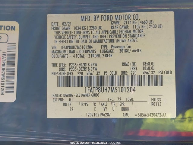 2021 FORD MUSTANG ECOBOOST VIN: 1FATP8UH7M5101204