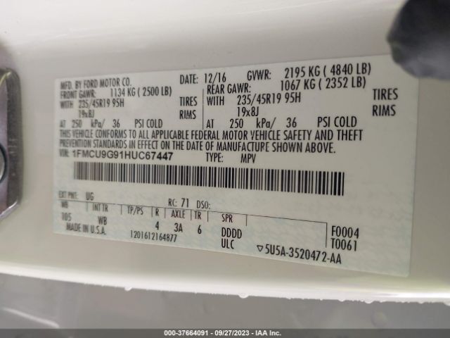1FMCU9G91HUC67447 Ford ESCAPE SE