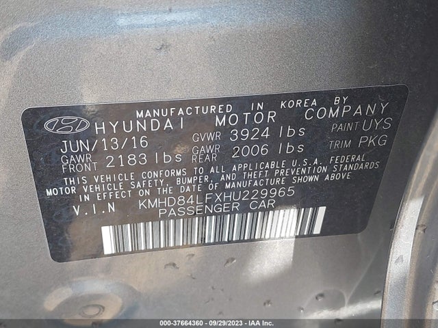 2017 HYUNDAI ELANTRA SE VIN: KMHD84LFXHU229965