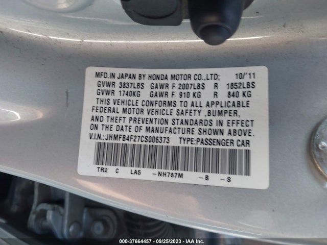 2012 HONDA CIVIC HYBRID VIN: JHMFB4F27CS006373
