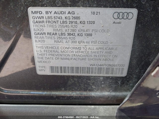 2022 AUDI SQ5 SPORTBACK PREMIUM PLUS VIN: WA124AFY2N2037332