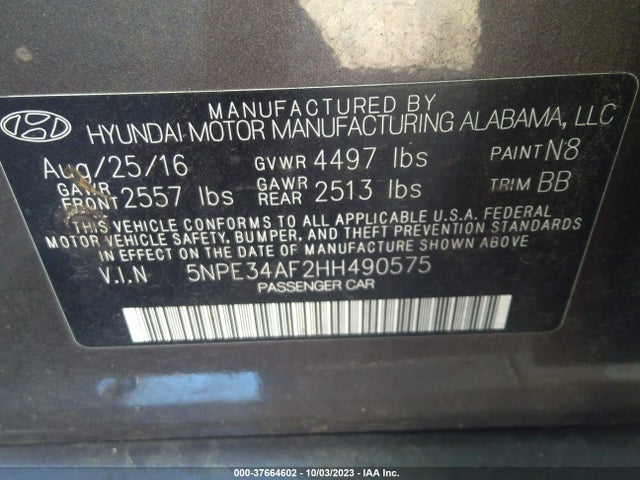 2017 HYUNDAI SONATA SPORT VIN: 5NPE34AF2HH490575