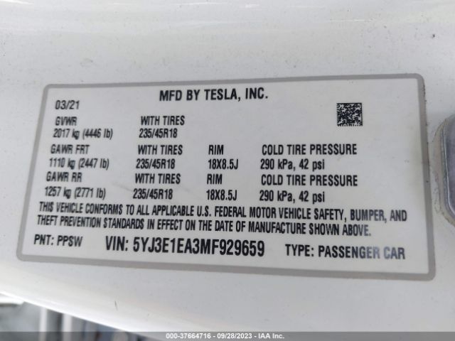 5YJ3E1EA3MF929659 Tesla Model 3 Standard Range Plus