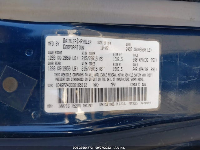2003 DODGE GRAND CARAVAN SE VIN: 1D4GP24333B165112