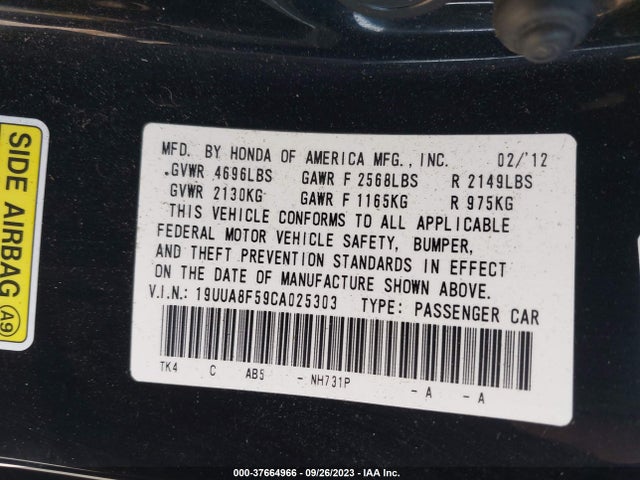 2012 ACURA TL TECH AUTO VIN: 19UUA8F59CA025303